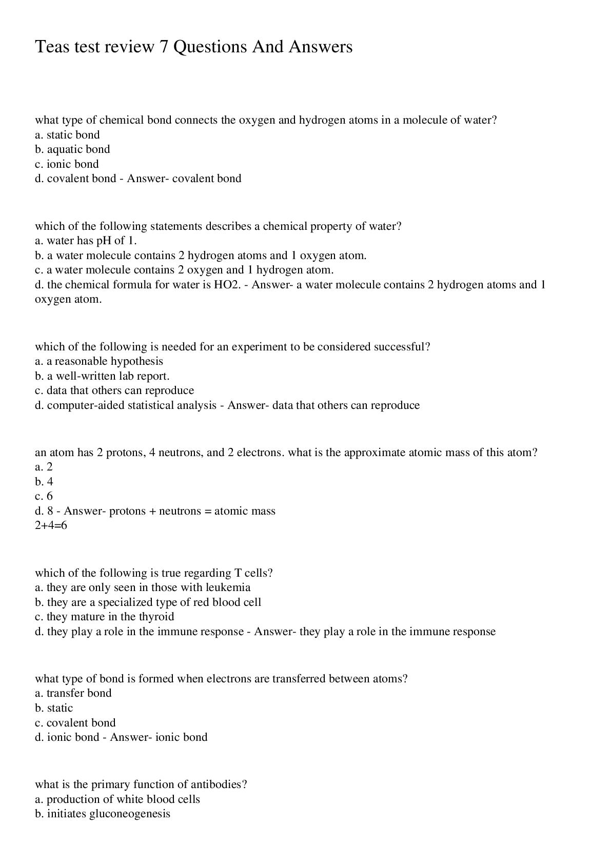 Preview image for Teas test review 7 Questions And Answers 2022/2023